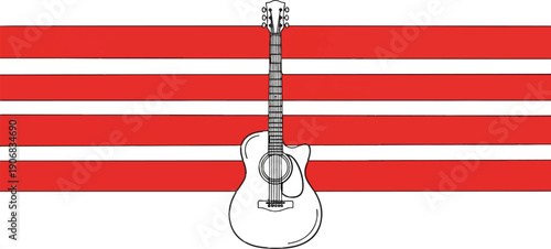 A stylized acoustic guitar stands against a background of horizontal red and white stripes