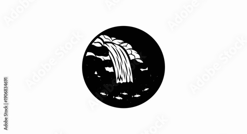 Black and white illustration of a waterfall with fish swimming below