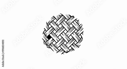 Black and white illustration of a woven circular pattern