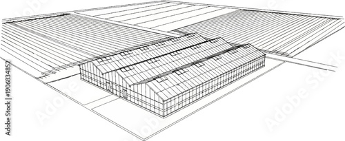 A sketch of a large greenhouse complex with surrounding cultivated fields