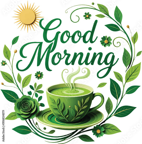 Good Morning Green Tea Cup With Leaves: Vibrant Eco Illustration for Wellness and Fresh Start,  Perfect for health, morning routines, nature, and eco-friendly lifestyle themes