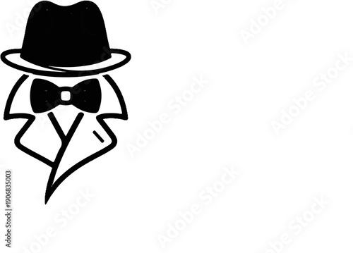 Black and white outline of a person in a hat, bow tie, and trench coat