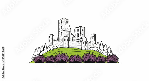 A sketch of a ruined castle on a grassy hill amidst trees and purple bushes