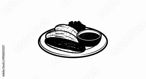 Black and white illustration of cooked bananas and a small bowl of dipping sauce on a plate