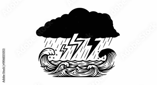 A storm brews over a tumultuous sea with lightning strikes and rain