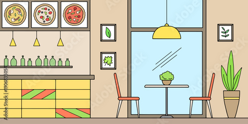 Pizzeria interior fast food restaurant graphic color sketch illustration vector 
