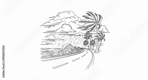 A stormy coastal road winds past palm trees and crashing waves under heavy rain