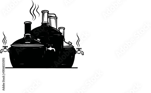 Black and white illustration of distillation stills emitting steam