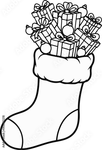 A stocking is filled with presents and ornaments, ready for the holidays