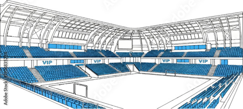 A sketch of an empty stadium with blue seating and VIP sections