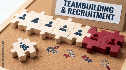 Teambuilding and recruitment concept with puzzle pieces on corkboard background teamwork and collaboration professional growth and development business strategy and planning leadership