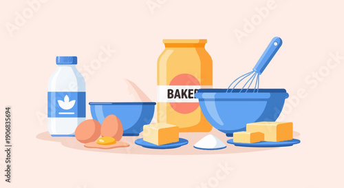 A still life illustration of baking ingredients including eggs, butter, milk, flour, and bowls