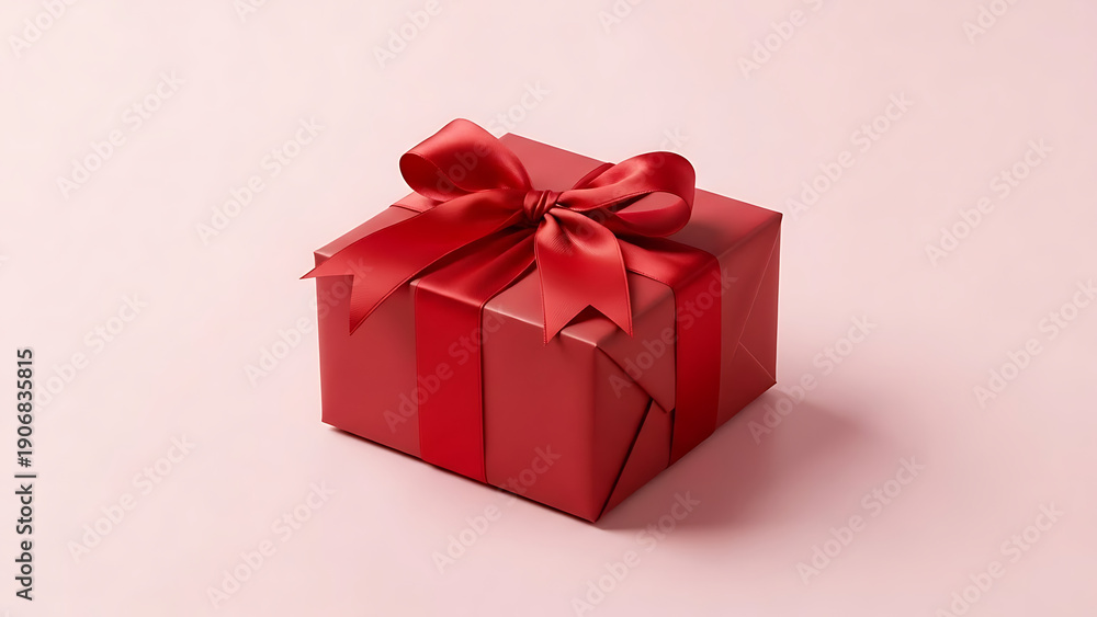 Fototapeta premium Red gift box with ribbon and bow on soft pink background