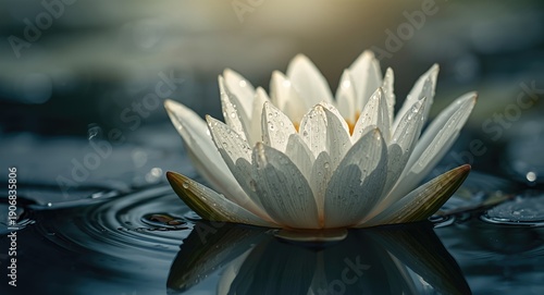 Close framing of a water lily flower showing delicate droplets on petals and leaves in a calm pond setting with subtle natural illumination