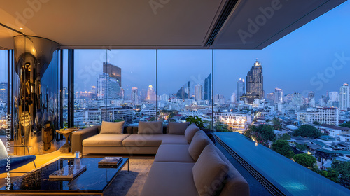 penthouse. Glass-walled penthouse with a city skyline view through floor-to-ceiling windows at twilight. real-estate listings.
