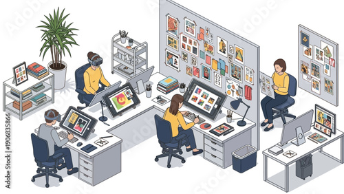 Creative team working in a modern digital art studio