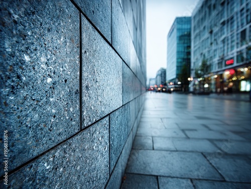 A blurred urban street scene showcases a textured wall in the foreground and a distant cityscape.