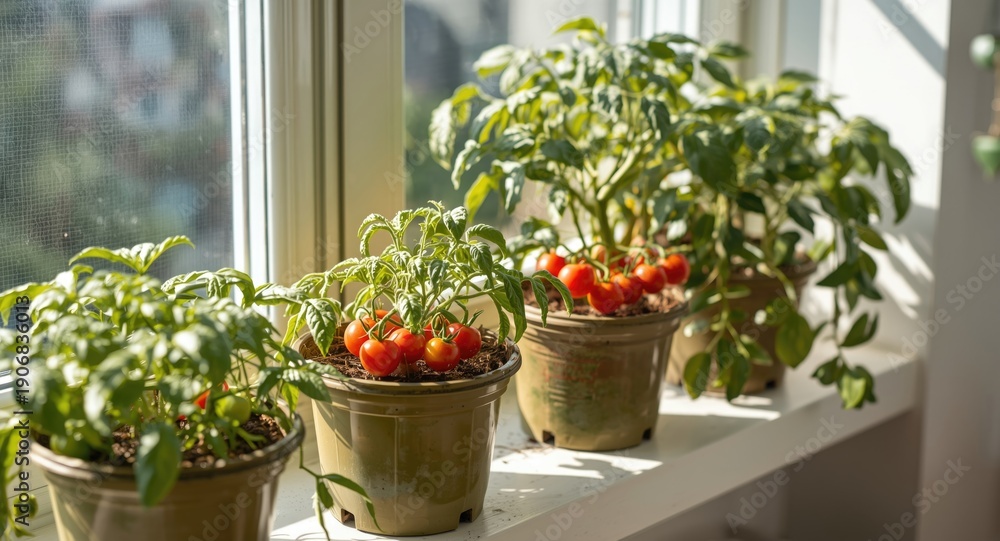 Fototapeta premium Cultivating cherry tomato plants indoors on a white balcony windowsill in summer light