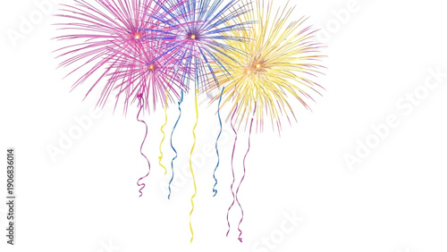 Vibrant fireworks and colorful streamers exploding on a white background for celebrations.