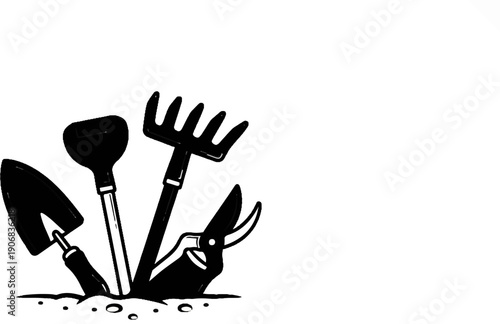 Black and white illustration of garden tools in soil