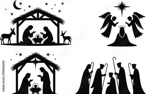 Christmas Nativity Scene Silhouette Set Featuring Mary Joseph Baby Jesus in Manger Wise Men Angels and Shepherds for Religious Holiday Decorations and Christian Celebration Graphics