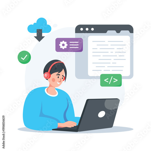 Professional flat illustration of website deployment and cloud file upload
