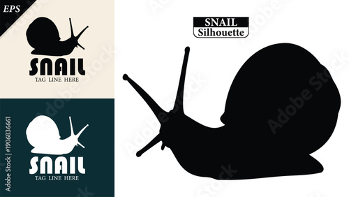 snail silhouette isolated on white background with logo text space, featuring a clean black shape symbolizing nature, patience, simplicity. Ideal for logos, snails vector silhouette icon, snail logo