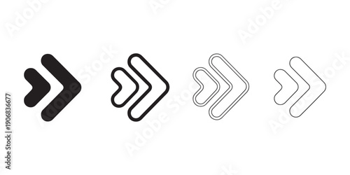 Vector set of rounded double chevron arrow icons, collection of forward direction pointers and next button symbols for web and mobile app UI design.