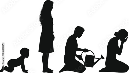 Conceptual family life cycle silhouette set featuring crawling baby standing girl man with watering can and woman crying in grief isolated on white background