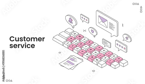 Modern Isometric Design of a Keyboard with Floating Communication Icons for Digital Customer Support and Social Media Engagement