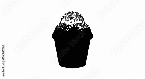 Black and white illustration of ice cream in a cup with sprinkles
