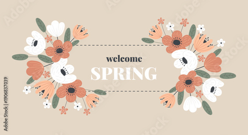 Horizontal spring banner with floral bouquets, wide botanical border for website header, hand drawn flat flowers in scandinavian style, welcome spring greeting on beige background. Vector illustration