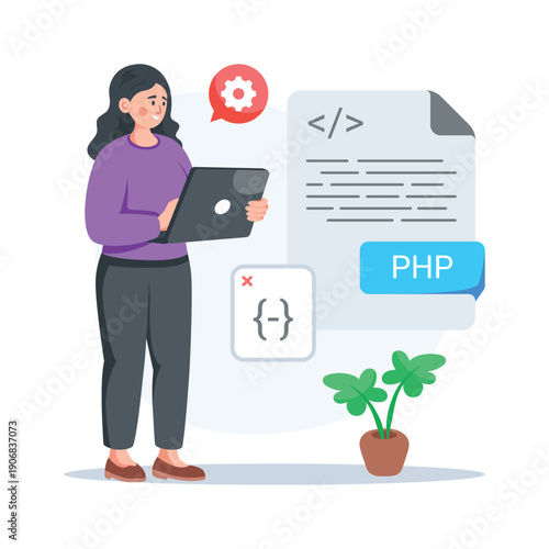 Creatively crafted flat illustration of php web development and server side scripting