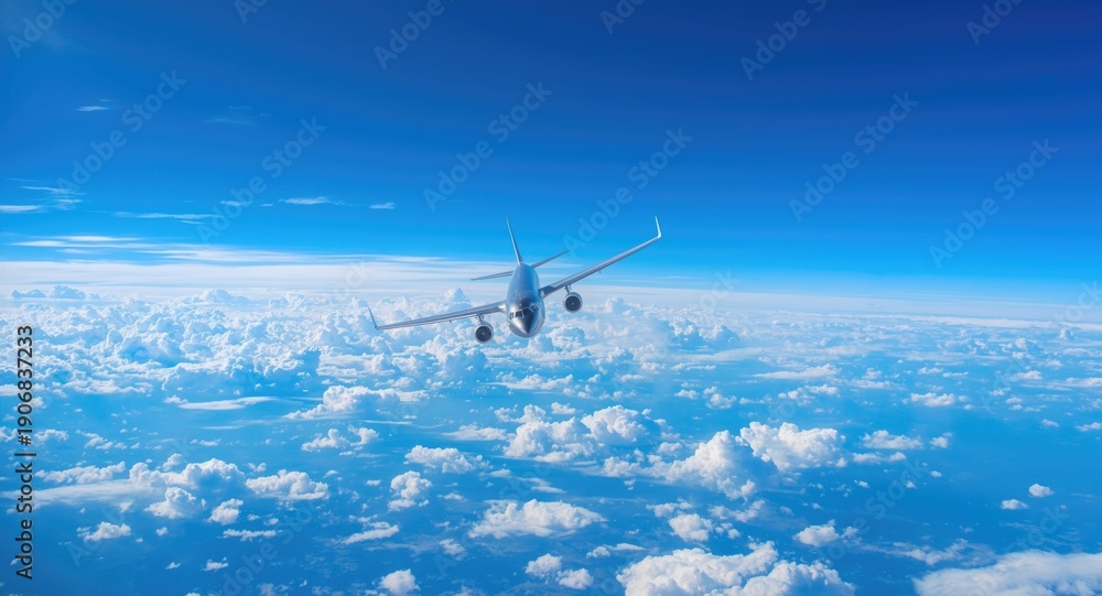 Fototapeta premium Jet airplane flying high with ample sky space for text