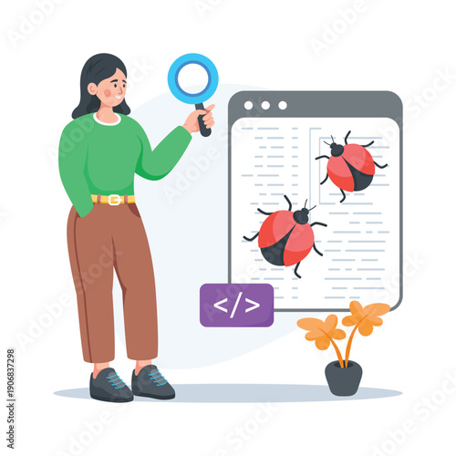 Website bug testing and software debugging process flat illustration
