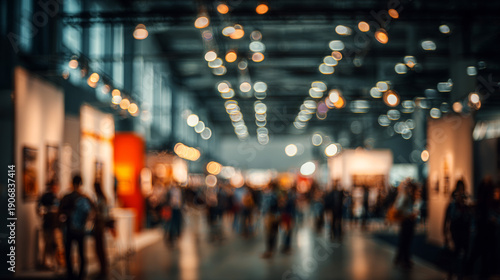 Wallpaper Mural Abstract Blurred Modern Exhibition Hall Background with Teal and Orange Hanging Lights Torontodigital.ca