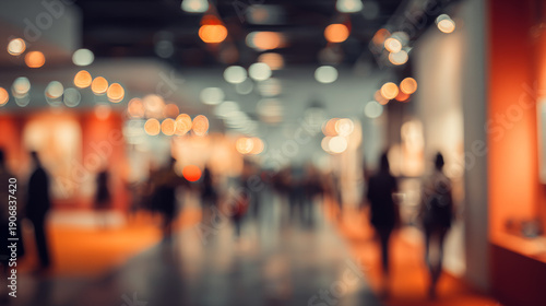 Wallpaper Mural Abstract Blurred Modern Exhibition Hall Background with Teal and Orange Hanging Lights Torontodigital.ca