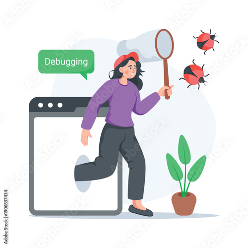 Modern flat illustration of a developer debugging software errors