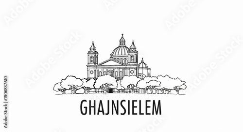 Black and white sketch of a domed building with spires, trees, and town name