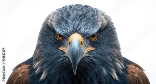 Focused closeup portrait of a large blue eagle at seventeen years with white backdrop