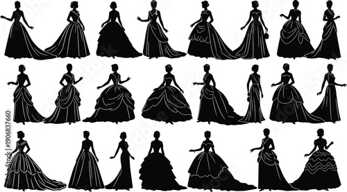 WebElegant women silhouettes in luxury bridal wedding gowns and Victorian vintage dresses with umbrellas, fashion model figures for historical and modern costume design,