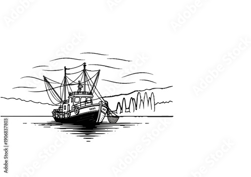 Black and white sketch of a fishing boat on the water with nets extended