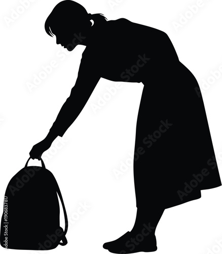 Woman bending down to pick up a backpack in a simple illustration style