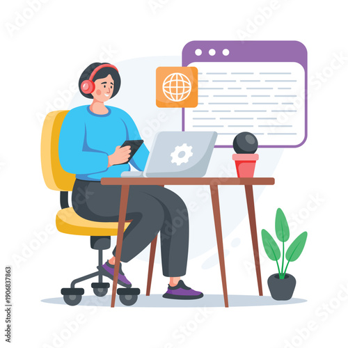 Take a look at this creative flat illustration of content creation and online blogging work