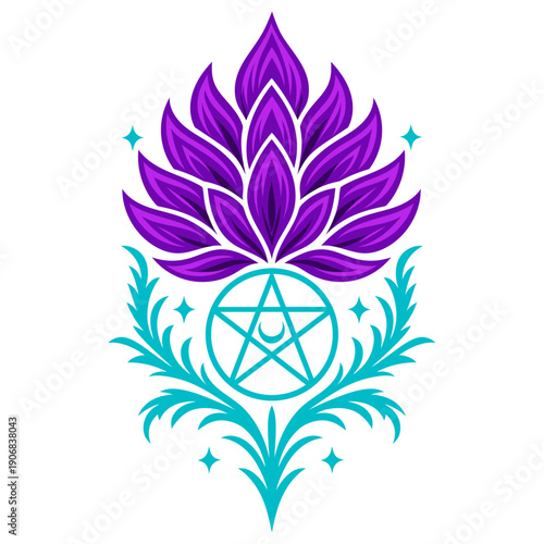 Distel mit Pentagramm und Mondsichel - Botanische Vektor Illustration. Pagan Botanical Art.