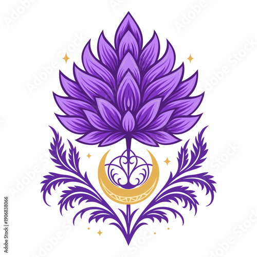 Distel mit Mondsichel - Botanische Vektor Illustration. Pagan Botanical Art.