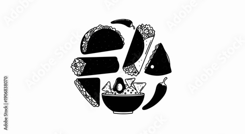 Black and white illustration of Mexican food items arranged in a circle