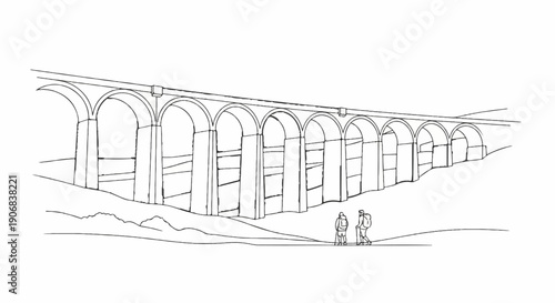 A sketch shows a long, arched viaduct with two hikers at its base in a landscape