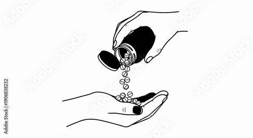 Black and white illustration of pills being poured from one hand to another