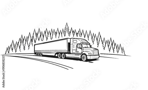 A sketched semi-truck traverses a road through a stylized evergreen forest